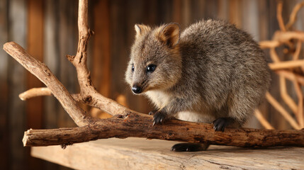 Adorable quokka sits on a wooden branch, looking curious and happy in natural light. Small, furry quokka with a contented expression rests on a textured wooden branch, its dark eyes alert and curious