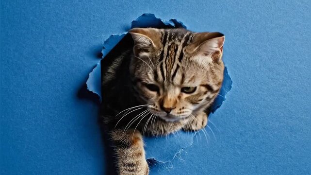 Curious Kitten Peeking Through Blue Fabric, Soft Focus, Playful Expression, Natural Lighting