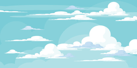 Illustration of a blue sky with white clouds in a flat style. Blue sky background and white clouds. Cartoon sky	
