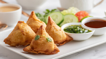 Crispy golden samosas served with refreshing mint chutney tamarind sauce. Platter of delicious fried samosas accompanied by vibrant green mint chutney sweet tamarind dipping sauce, perfect for snack