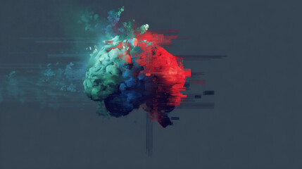 Digital brain degradation with glitch effects and data corruption. A pile of smartphones displaying glowing digital brains and abstract neural networks, representing the pervasive influence