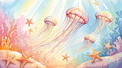 A vibrant watercolor portrayal of graceful jellyfish swimming in a colorful underwater world