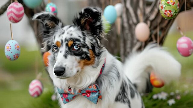 Charming dog with bow tie amidst colorful easter decorations in spring garden