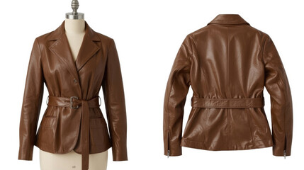 Elegant brown leather jacket with wide belt on mannequin from front and back with fashion and style and clothing and accessories and leatherwear