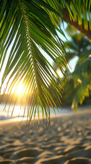 Tropical Paradise: Sunlit Beach with Palm Leaves - Perfect for Summer Vacation Posters
