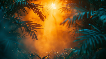 Mystical Jungle Sunrise with Lush Greenery and Radiant Orange Glow - Nature Background for Travel Posters, Prints, and Digital Design