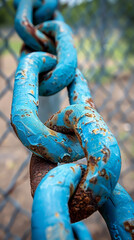 Rusty Blue Chain Links Close-Up on Metal Fence Background