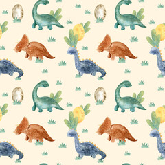 Seamless pattern with cartoon dinosaurs on a beige background. Drawn colored dinosaurs for children's room and textiles. Children's illustration