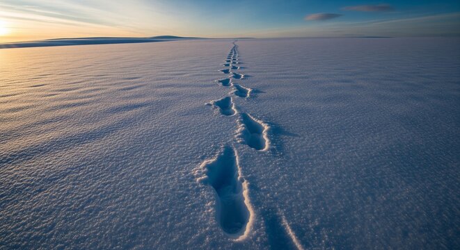 Zentralperspektive von Schuhabdr&uuml;cken im Schnee unter weitem Himmel
