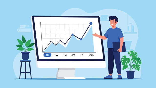Business Presentation Of Growth Chart On Large Monitor With Presenter In Modern Office