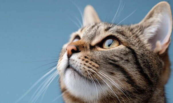 Close-up of a tabby cat looking upward with curiosity and soft fur.