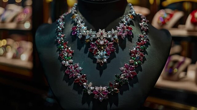 Elegant display of a luxurious gemstone necklace sparkling in soft spotlight