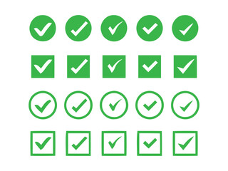 Approval and Verification Green Check Icons. Success and Confirmation Checkmark Icons
