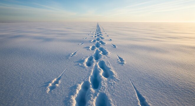 Einsame Wanderung: Eine Spur verliert sich in der endlosen Winterlandschaft
