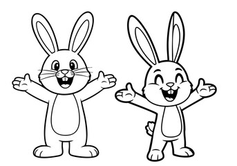 Obraz premium Joyful cartoon bunny character with arms raised in excitement and celebration