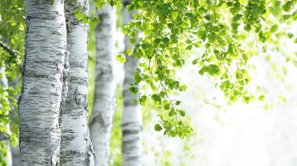 白樺の木と爽やかな緑の葉の自然背景
