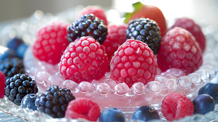 Close-Up of Fresh Mixed Berries in a Frosted Glass Bowl - Raspberries, Blackberries, Blueberries