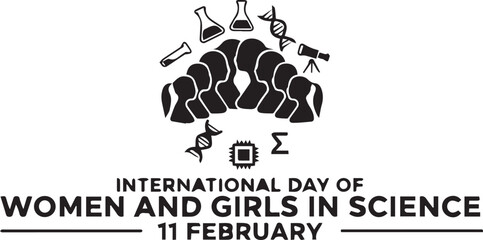 Black and white vector illustration of women with science icons for February 11 global celebration