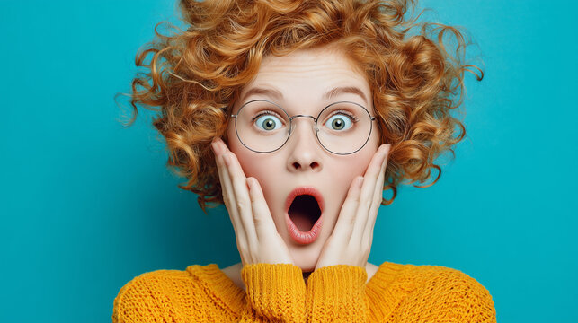 Ai young woman with curly hair shows surprise against a blue background with hands on her face