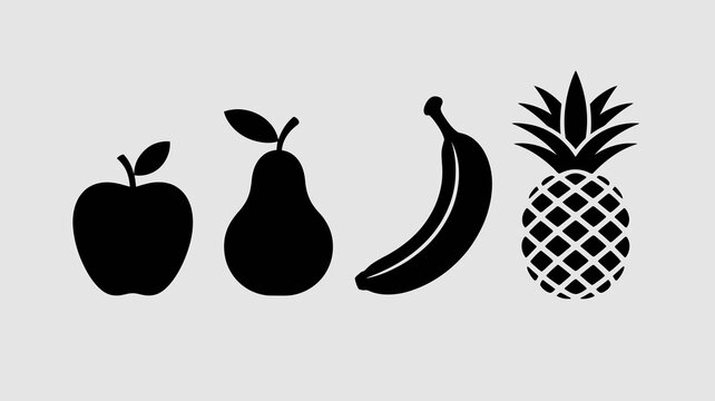 a simple illustration depicts four different fruits an apple a pear a banana and a pineapple in a black silhouette style high quality professional detailed modern