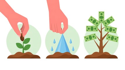 Hands planting a seed, watering a sprout, and a money tree growing, illustrating financial growth and investment.