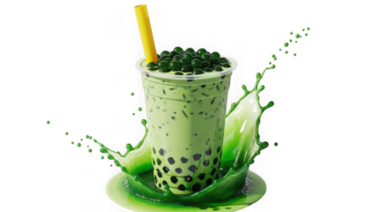 Green tea bubble drink with straw and splash isolated on transparent background