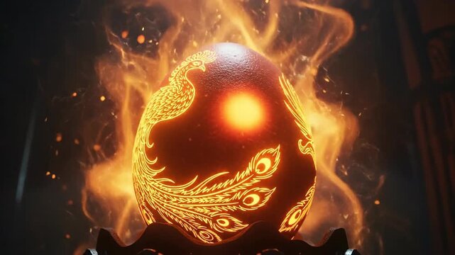 Glowing fiery egg with ornate phoenix pattern and swirling magical flames.
