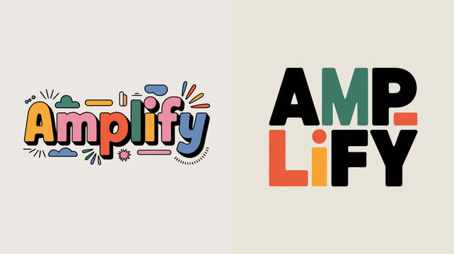 this image showcases two distinct versions of a logo featuring the word amplify presented in vibrant and contrasting color palettes and styles high quality professional detailed