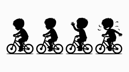 Obraz premium a series of four silhouette images depicts a young boy riding a bicycle through various stages of motion and activity high quality professional detailed modern elegant