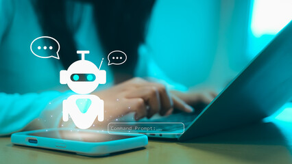 Businesswoman using AI chatbot assistant on smartphone and laptop with command prompt