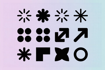 A minimalist graphic design pattern featuring 12 geometric symbols arranged in three rows against a pastel purple and blue gradient background.