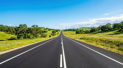 Fototapeta premium Scenic open road stretching into the horizon, flanked by vibrant green hills and lush trees under a clear blue sky.