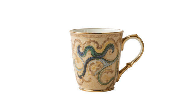 Beautiful fancy ceramic coffee mug with intricate designs and gold handle on white background for hot beverages with ceramic mug and fancy mug