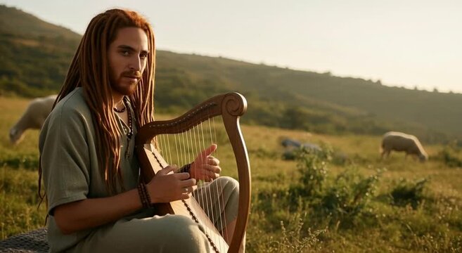 A man with long, reddish dreadlocks plays a wooden harp in a sunlit meadow, with sheep grazing in the background, creating a pastoral, musical scene.