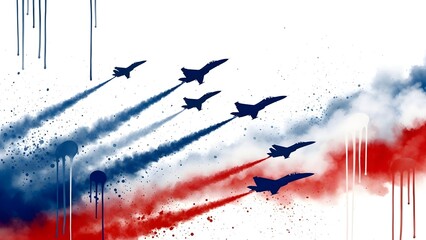 Happy republic day india celebrations with indian air force jets leaving trails of blue and red smoke on indian flag background