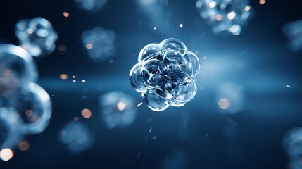 The image displays a cluster of glowing atomic models floating amidst a dark blue background, depicting the intricate structure of atoms in motion. These vibrant atomic models illu