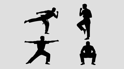 a minimalist depiction showcasing four distinct silhouettes of individuals engaged in various martial arts poses against a neutral backdrop high quality professional detailed modern elegant stylish