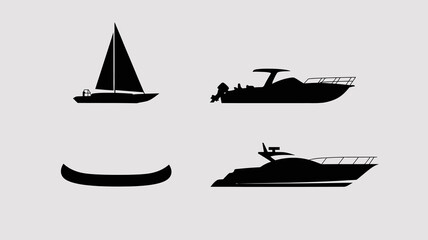a minimalist depiction showcases four silhouettes of watercraft a sailboat a speedboat a canoe and a yacht against a neutral backdrop high quality professional detailed modern