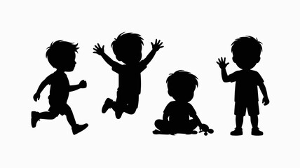 a simple black and white illustration depicts four silhouetted children engaged in various playful activities showing running jumping sitting and waving high quality professional detailed modern