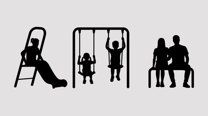 a minimalist silhouette depicts a family enjoying a playground with a slide swings and a bench for parents high quality professional detailed modern elegant stylish clean