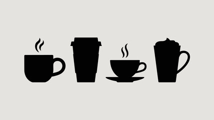 a simple illustration depicts four distinct black silhouettes of coffee containers showcasing a variety of cup and mug designs and styles high quality professional detailed modern