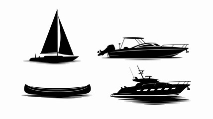a collection of black silhouette illustrations depicts various watercraft including a sailboat motorboat canoe and a larger yacht showcasing nautical themes high quality professional detailed modern