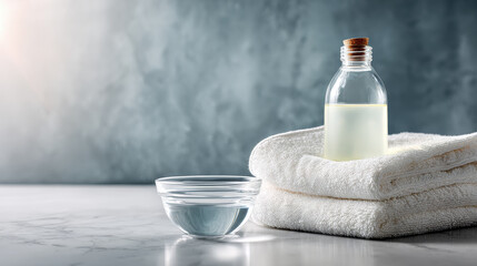 Cozy spa day essentials for self-care and relaxation. A tranquil spa setting with towels, hygiene products, and a serene atmosphere promoting wellness and personal care.