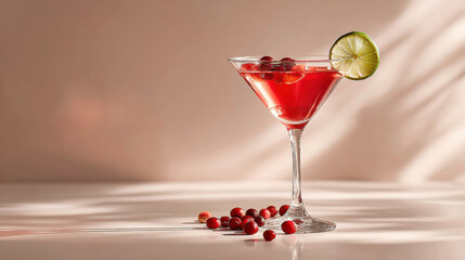 Delicious cranberry cocktail in a stem glass with lime slice, evoking a cozy vibe.