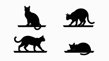 a minimalist depiction showcases four black cat silhouettes in various poses each positioned atop a slender horizontal platform high quality professional detailed modern elegant stylish clean