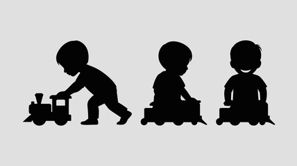 a simple illustration depicts three black silhouettes of children interacting with a toy train showcasing a playful and developmental scene high quality professional detailed modern elegant