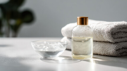 Cozy bathroom scene featuring hygiene products and towels. A serene setting with a bottle of liquid soap, a bowl of clear gel, and soft white towels evokes a sense of personal care and health.
