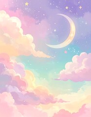 Pastel sky artwork with clouds, crescent moon, and stars