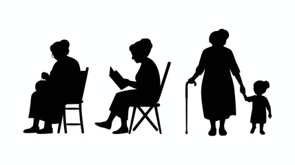 a silhouette depiction of three generations of women showcasing a grandmother reading another walking with a child and one seated high quality professional detailed modern elegant