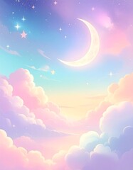 Pastel sky with crescent moon, stars, and fluffy clouds, dreamy scene